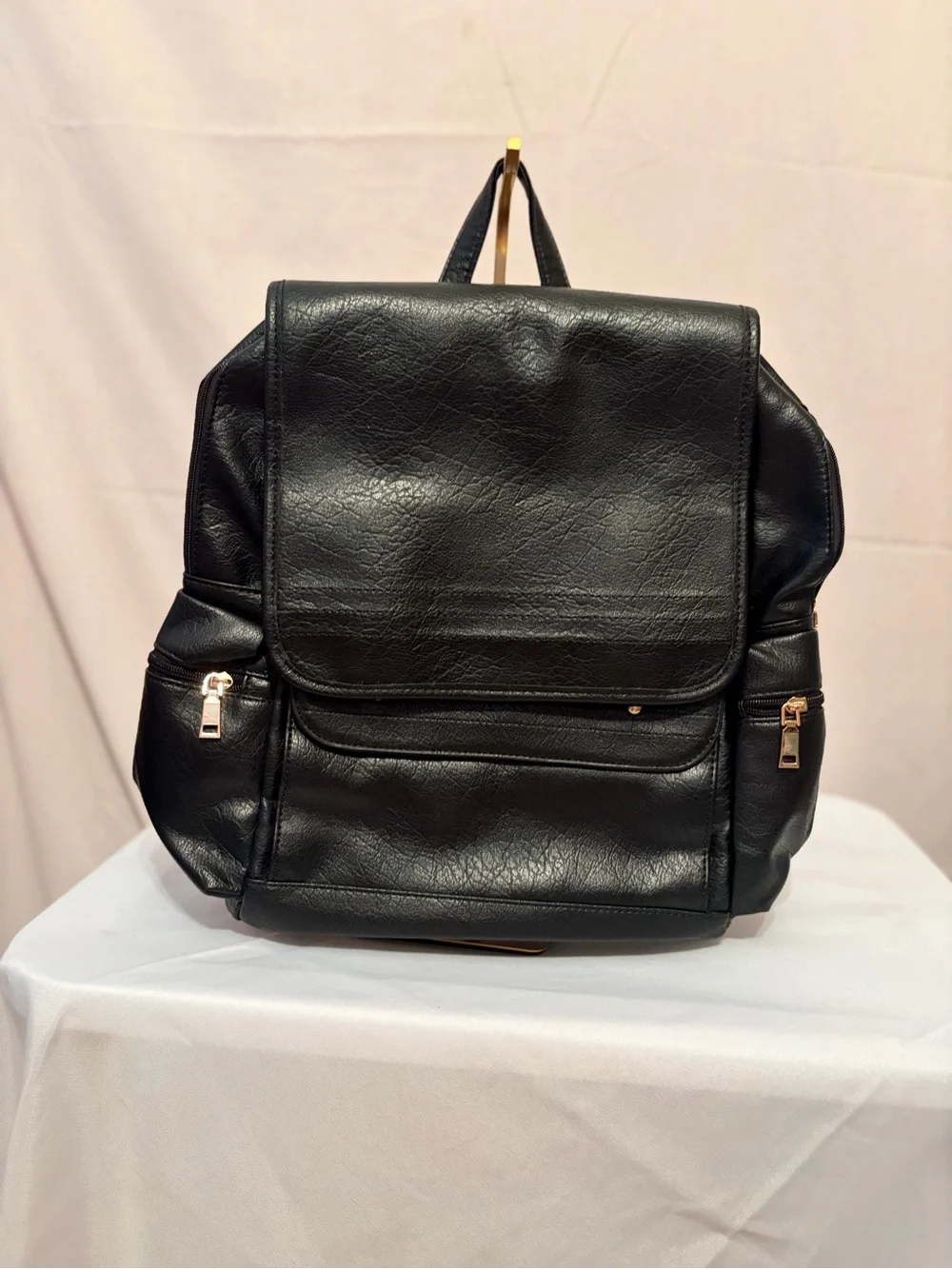 NWT Black Faux Leather Backpack with Front Flap & Zip Side Pockets.